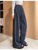 Women's Autumn 2025 Blue Plaid High-Waist Wide-Leg Pants with Drawstring - Retro, Slimming, Casual Style