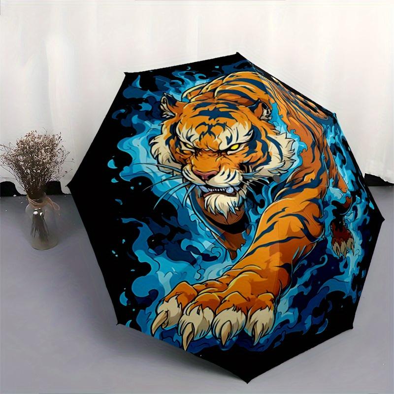1pc Blue Flame Tiger Pattern Automatic Umbrella Is Fashionable and Good-Looking,  Suitable for Travel and Daily UseC012
