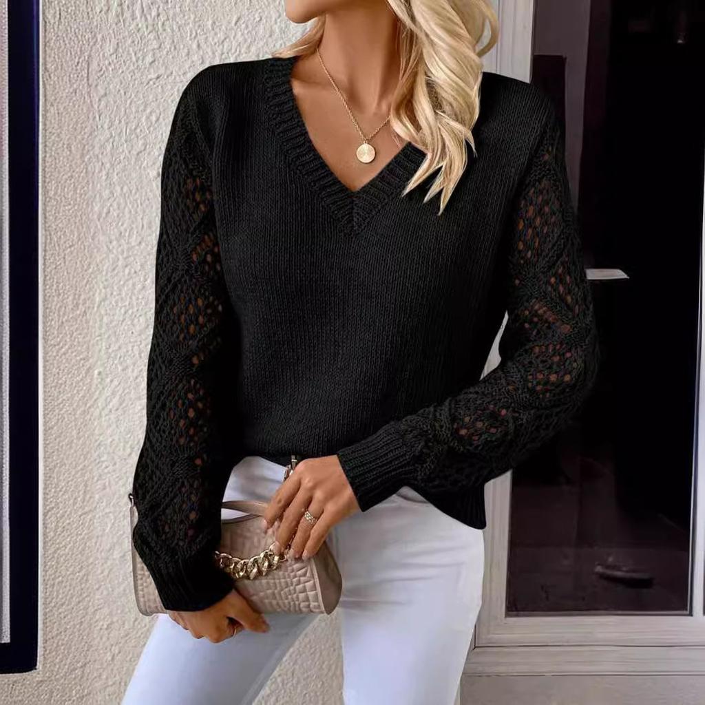 2026 Spring and Autumn New Hollow Knit Sweater for Women, V-neck Pullover, Long Sleeve