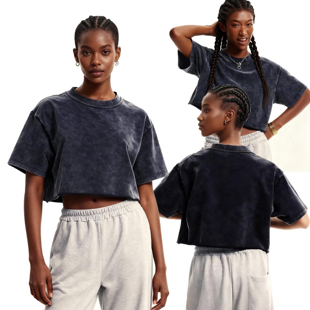 Women's Washed Vintage Cropped T-shirt: Heavyweight 230g Pure Cotton, Retro Loose Fit, Short Sleeve Waist-Length Top