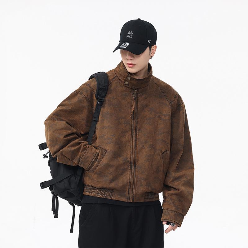 

Men s Camouflage Mottled Retro Leather Jacket - Short, Tough Guy Style for Outdoor Workwear, Spring/Autumn Trend. 4XL fits 195-215 jin камуфляжний/коричневий