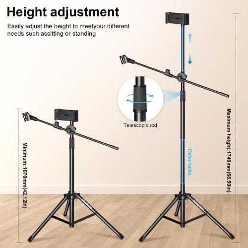 Boom Microphone Stand, Aokeo Floor-Mounted Tablet Microphone Stand with Tripod, 42-68 Inch Portable Microphone Stand with Hanger and Carrying Bag, Sup