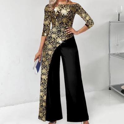 Damen Jumpsuit Patchwork Blumenmuster Fake Zweiteiler Weites Bein Dreiviertelarm Rundhals