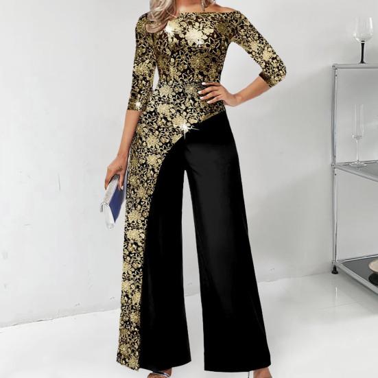 Ladies Jumpsuit Patchwork Flower Print Fake Two-piece Wide Leg Three Quarter Sleeve Round Neck Irregular Soft Breathable Fall Jumpsuit