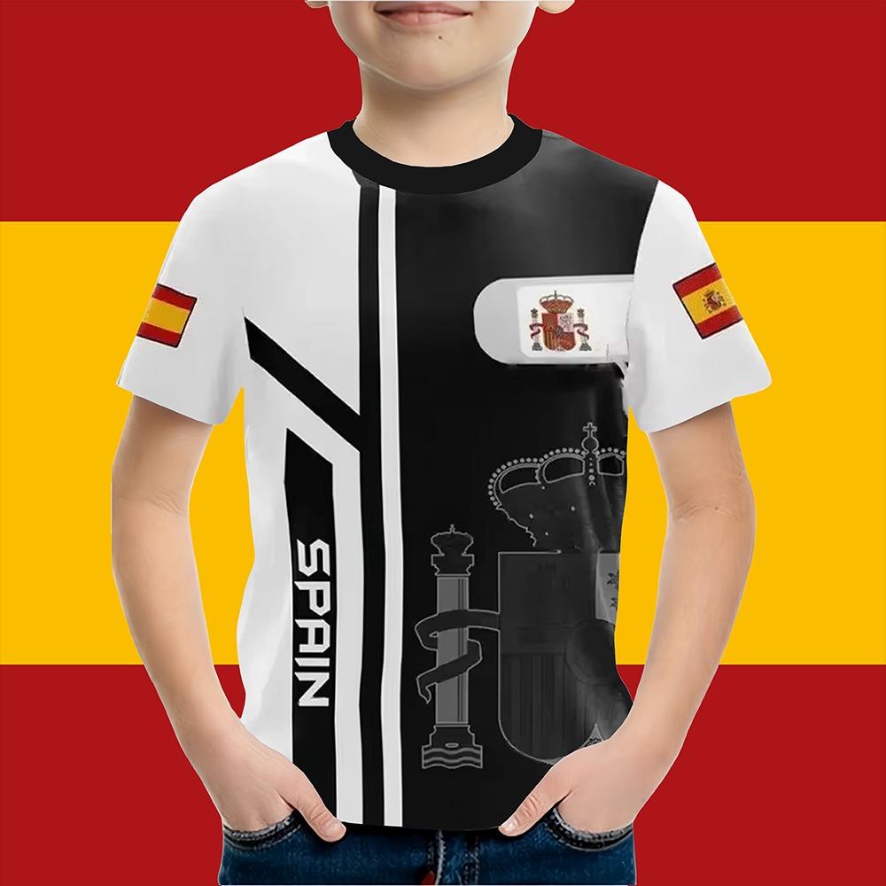 Boys Clothes Spanish Flag Graphic T-Shirt Vintage Casual Short Sleeved Kids Clothes 2-14Y Summer Outdoor Spanish Child Top Tee