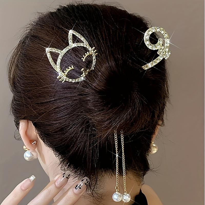 Elegant Alloy Hair Clip with Rhinestone Cat, Tassel Simulation Pearl Dangle, Cute Round Shape Fashion Hairpin Accessory for Women and Girls