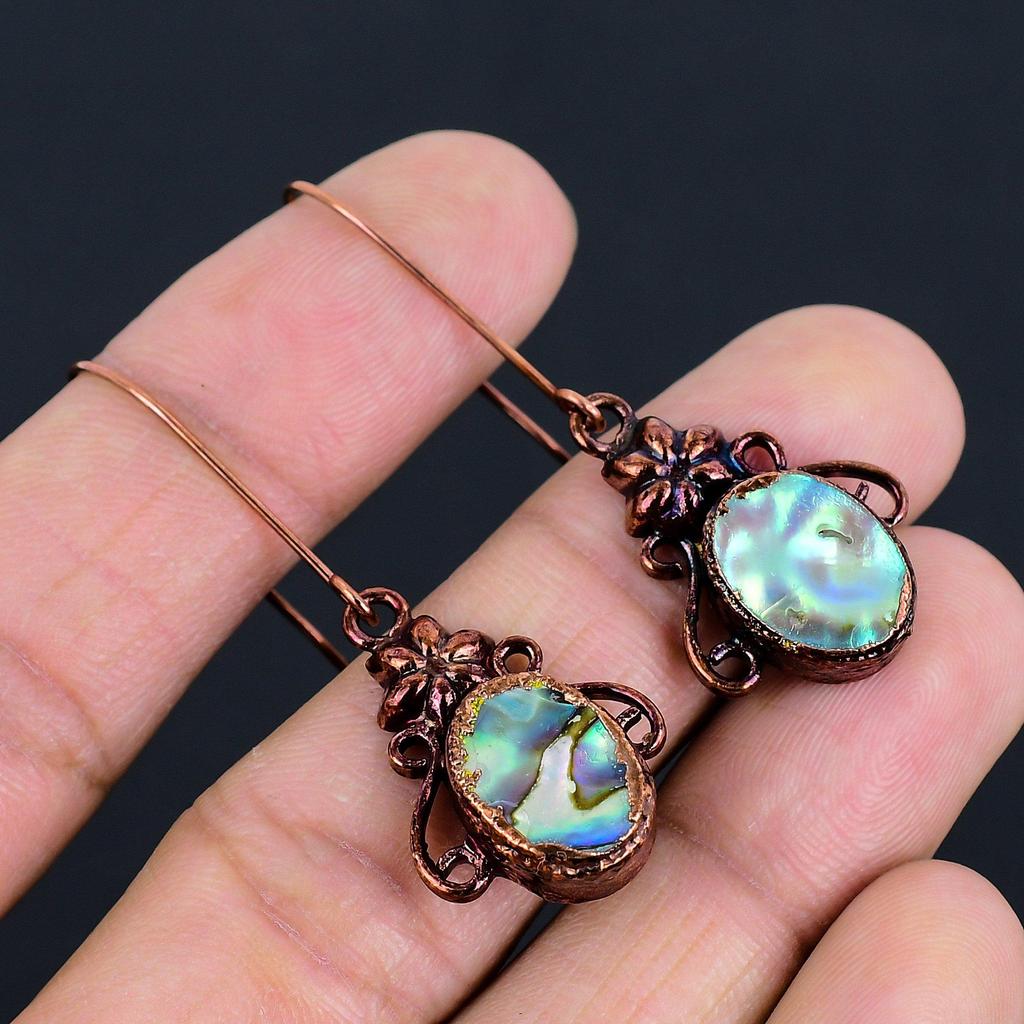 Abalone Shell Copper Electroformed Earrings, Handmade Gemstone Earrings Jewelry, Gifts For Wife Brand New Earrings