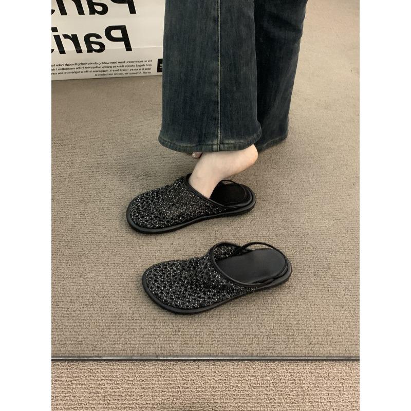 

Niche woven mesh yarn brown bag head sandals fairy shoes new summer flat bottom 40 чорний