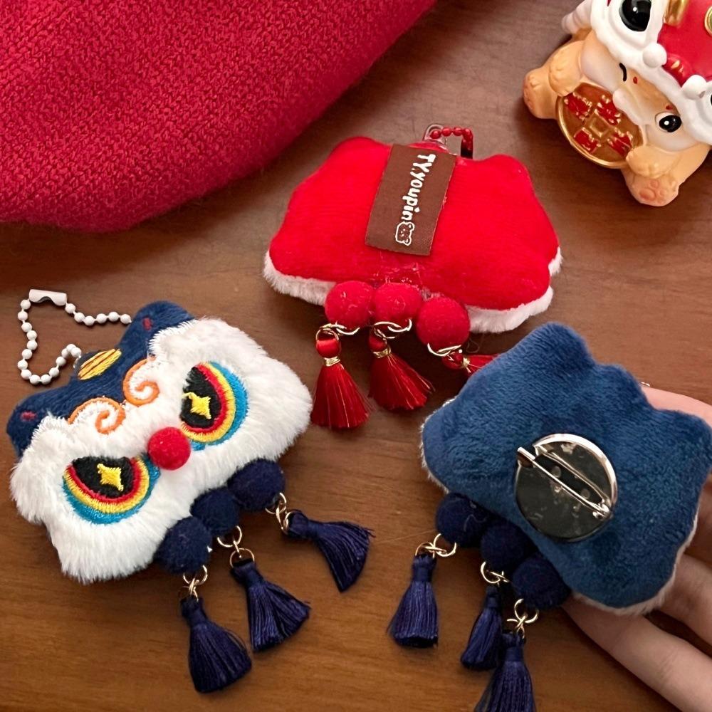 Lion Awakening Chinese New Year Plush Keychain Tassel Lion Dance Brooch Cute New Year Badge  Unisex