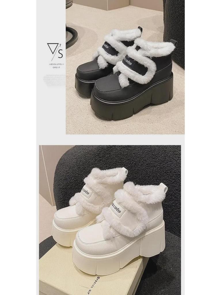 Women's Versatile Height-Boosting Velvet Platform Shoes with Velcro, for Autumn/Winter 2024