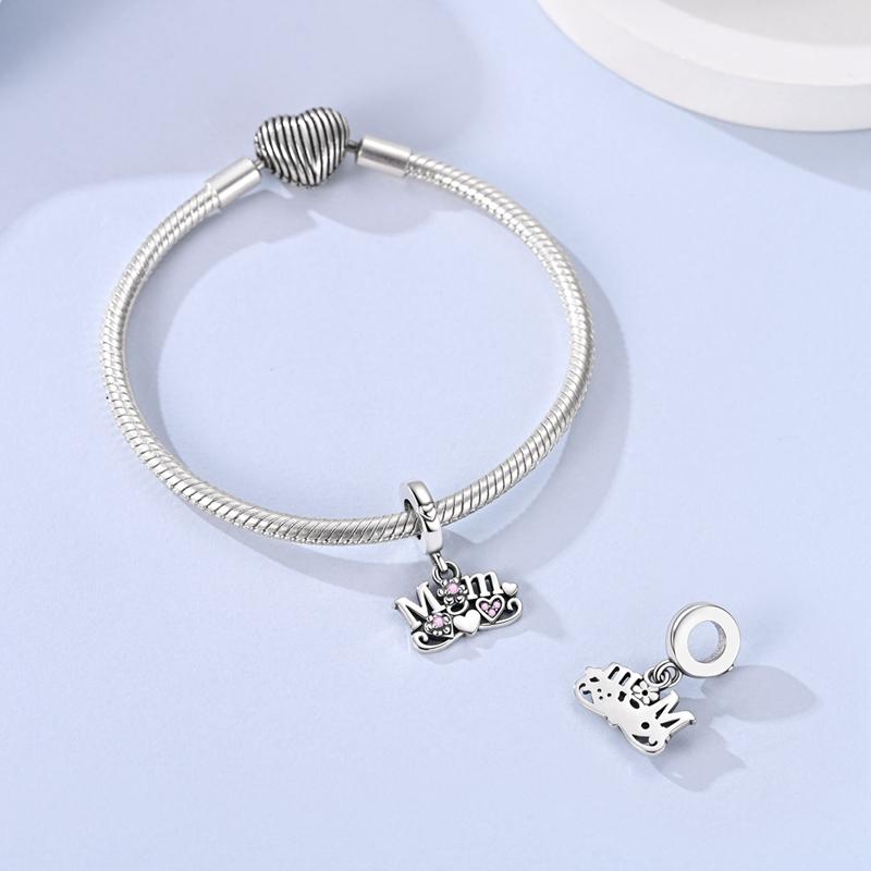 Original 925 Sterling Silver Bead Charms Pink Heart Flower Mom Pendant Fit Original Bracelet For Women DIY Jewelry Gift