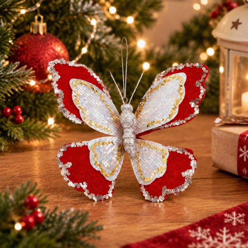 Sparkling Butterfly Decoration with Sculpted Profile and Attached Loop for Christmas Backrops Holiday Tree and Mantel Displays