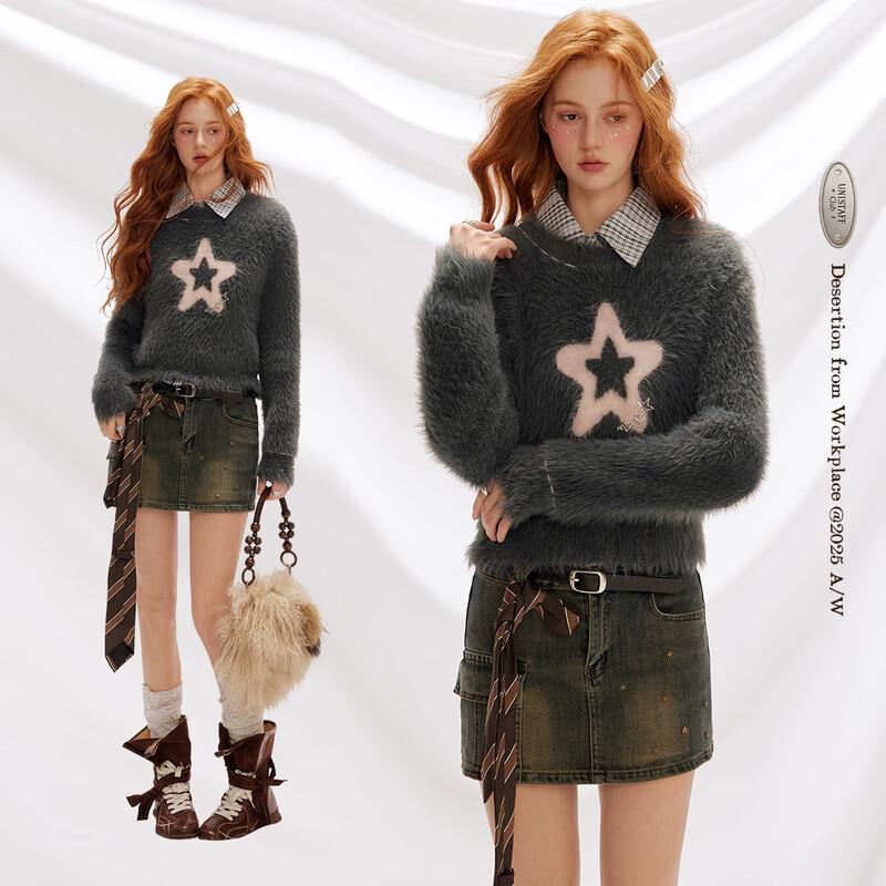 UNIFREE Women's Mohair Star Jacquard Pullover Sweater
