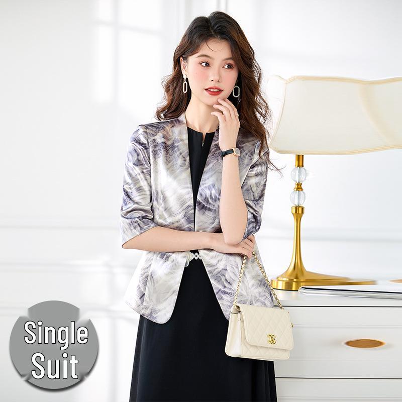 

Элегантный женский блейзер с росписью тушью - Приталенный жакет с рукавом 7/8 для весны и осени L