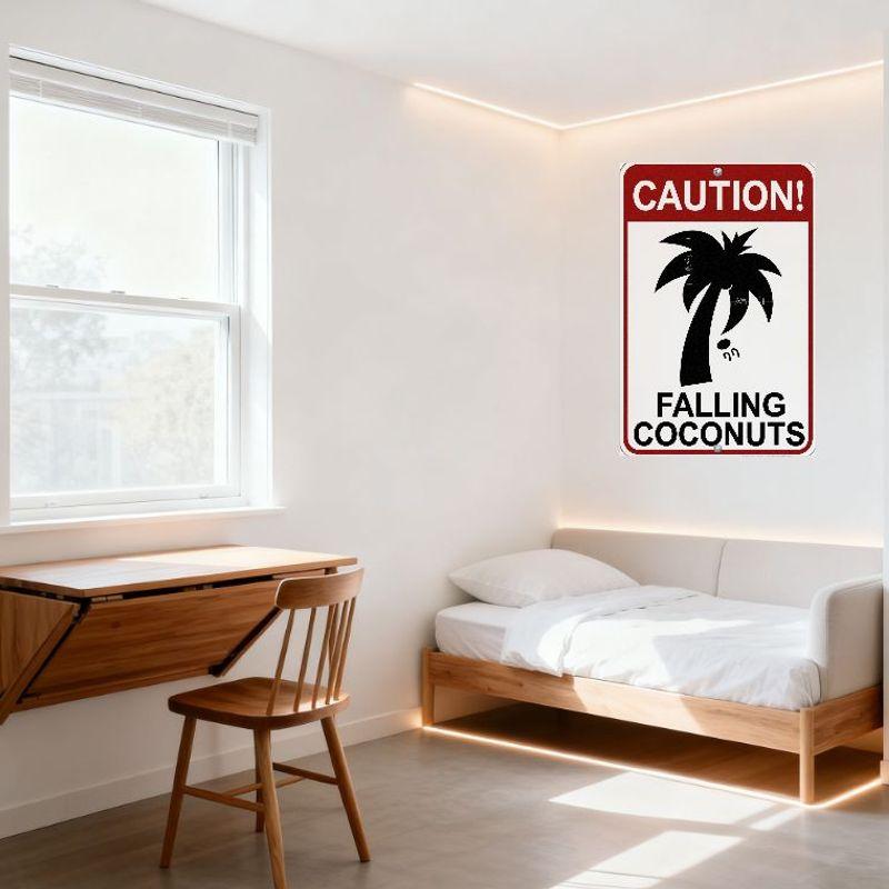 Vorsicht Herabfallende Kokosnüsse Palme Roter Rand Weißer Hintergrund Metallblechschild Vintage Warnschild für Heimbar Man Cave Dekoration