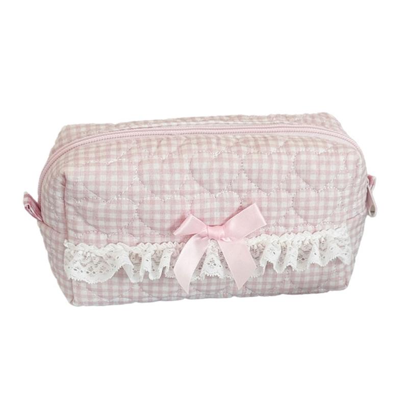 

High Capacity Pencil Case Large Cotton Pen Pouches with Lace Trim Travel Cosmetic Storage Bag for Office School Supplies рожевий