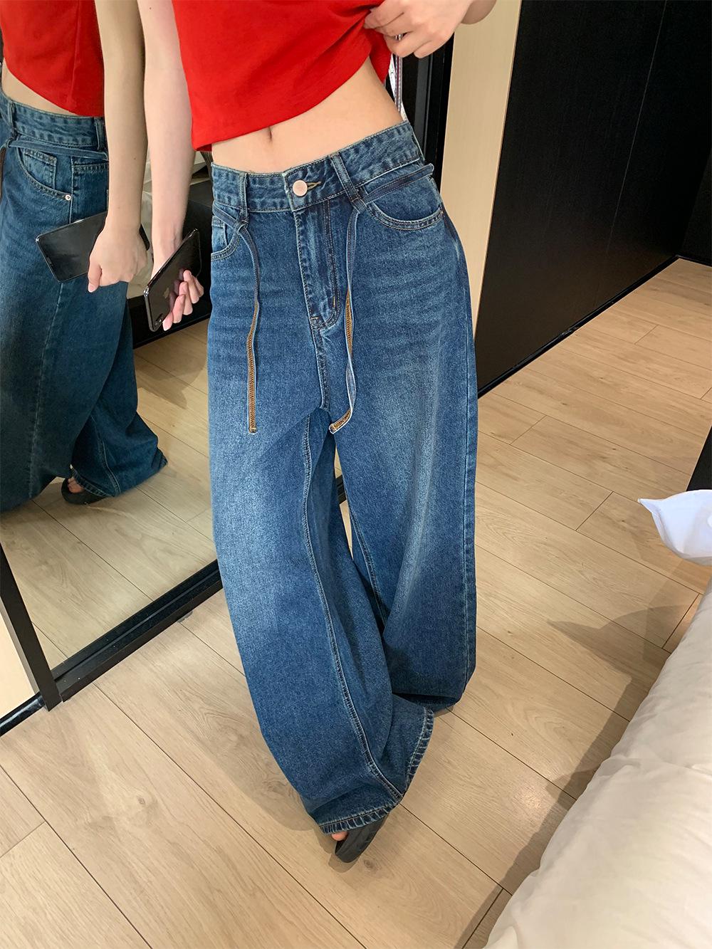 

Yuyi 2025 Korean Style Drawstring Wide-Leg Jeans - Women s Spring Casual Pants S (up to 50 kg) синий