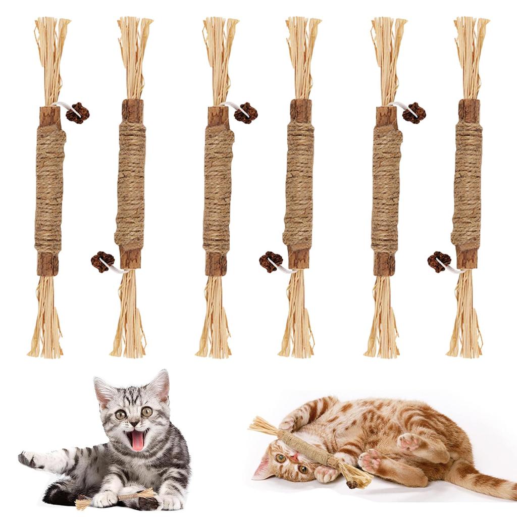 Cat Teeth Grinding Sticks, 6-Piece Set, Natural Wood Cat Chew Toys, Cat Toys, Catnip, Tartar Relief, Bad Breath Relief, Teeth Brushing Toy, Stress