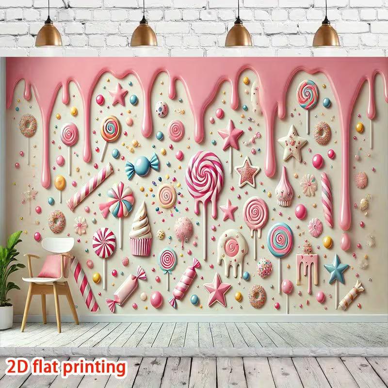 2D Whimsical Candy Backdrop Pink Cream Drip with Colorful Candies Themed Party Background