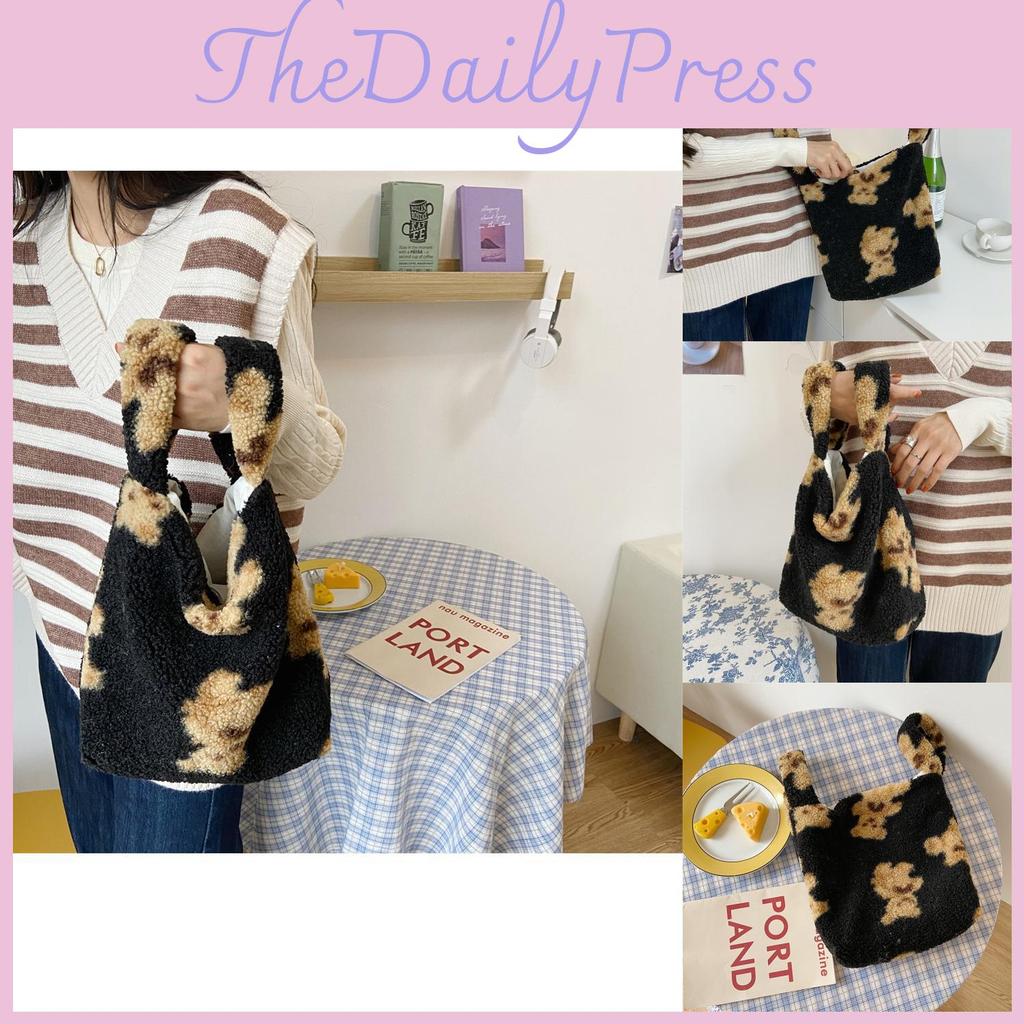 Trendy Black Lambswool Bear Handbag Stylish Soft Plush Tote For Everyday Use