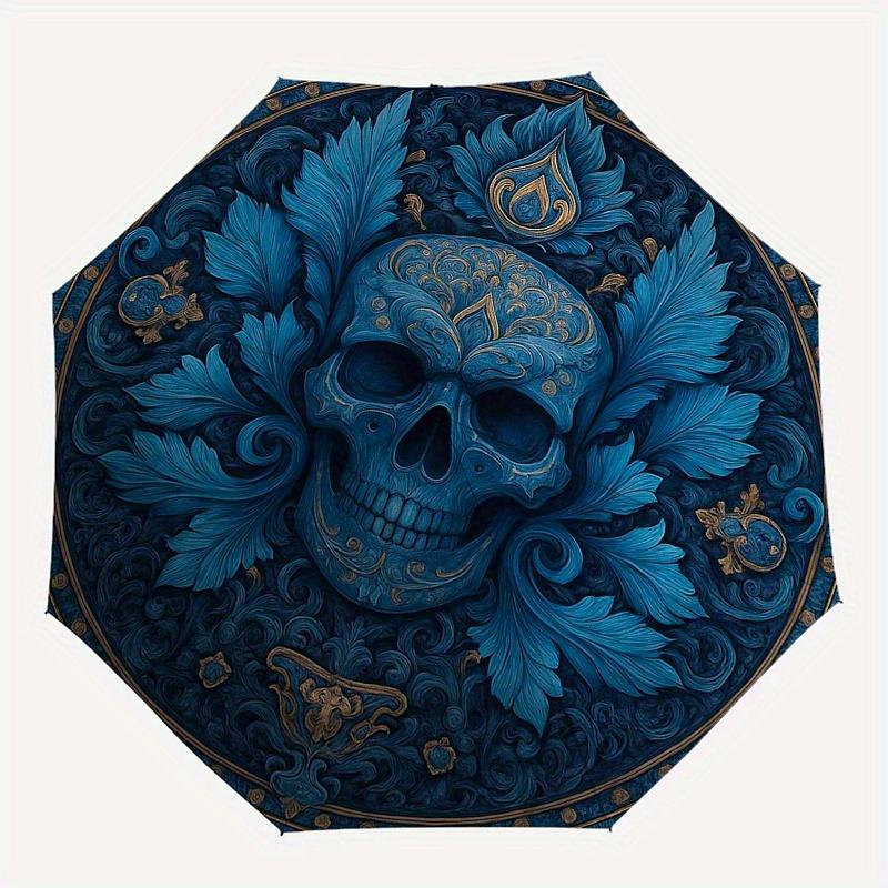 Elegant Blue Floral Skull Decorative PlateUmbrella, Portable 3-Fold Umbrella for Men & Women,Christmas Gift ES339