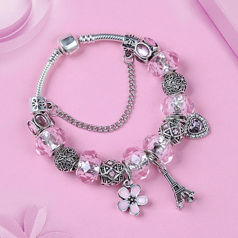 Silver Color Eiffel Tower Pendants Bracelet & Bangle Diy Pink Crystal Heart Flower Bead Women Bracelet Charm Jewelry