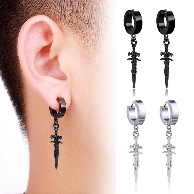 1 Paire Boucles d'Oreilles Clip Oreille Indolore en Acier Inoxydable pour Hommes Femmes Punk Épée Croix Noir Faux Boucles d'Oreilles Bijoux Cadeaux