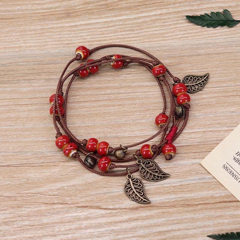 Vintage Bohemian Ceramic Bracelet Girl Sweet Bell Leaf Versatile Waist Chain Multi-circle Bracelet Jewelry