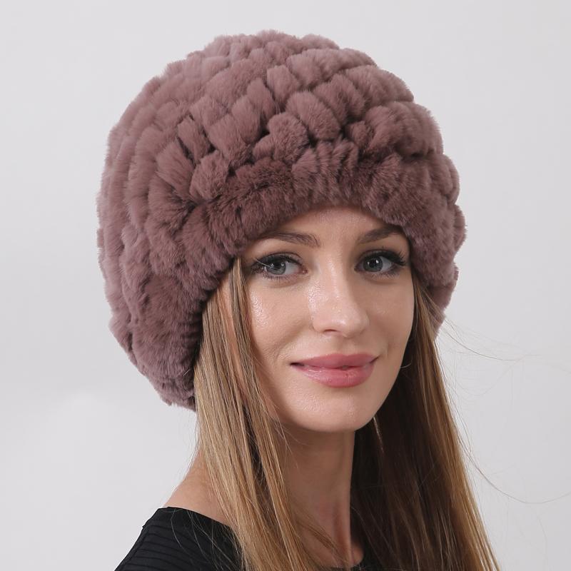 New Warm Real Fur Hat Winter Women Rex Rabbit Fur Thick Double Layer Lining Outdoor Women Beanie Cap Pineapple Round Hats