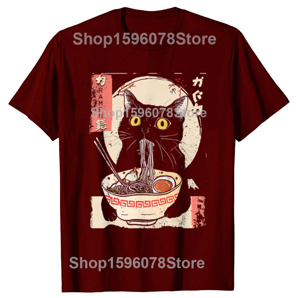 Kawaii Cat Eating Ramen Noodles Funny Anime Tshirts Men Fashion Print Tshirt Loose Oversized Streetwear Hip Hop Unisex T Shirt