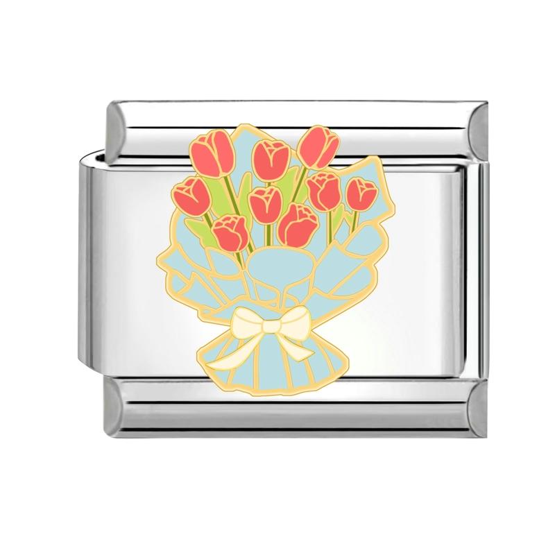 Summer Spring Colorful Flowers Bouquet Tulip Rose Heart Italian Charm Links Fit 9mm Bracelet Stainless Steel Women DIY Making