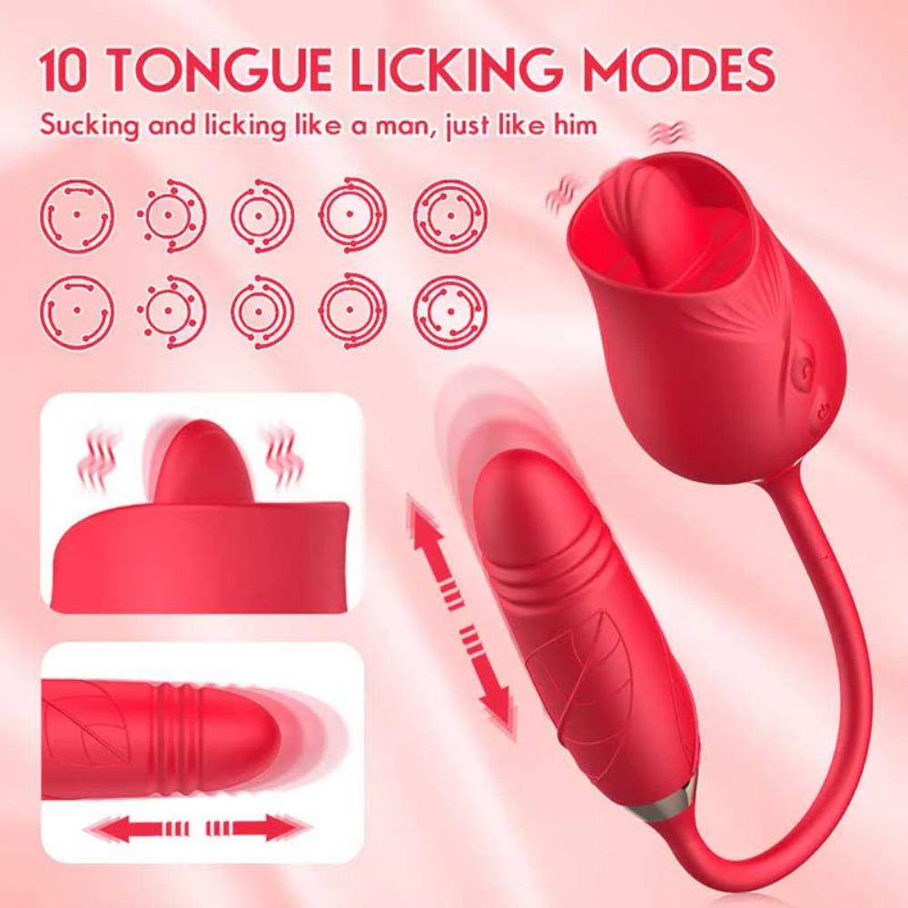 10 Frequencies Double Head Rose Toy Vibrator w/ Thrusting Dildo