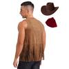 Mens Western Cowboy Costume Faux Suede Tassel Vest with Rivets Design Vintage Bandanna Hat 3 Piece Set