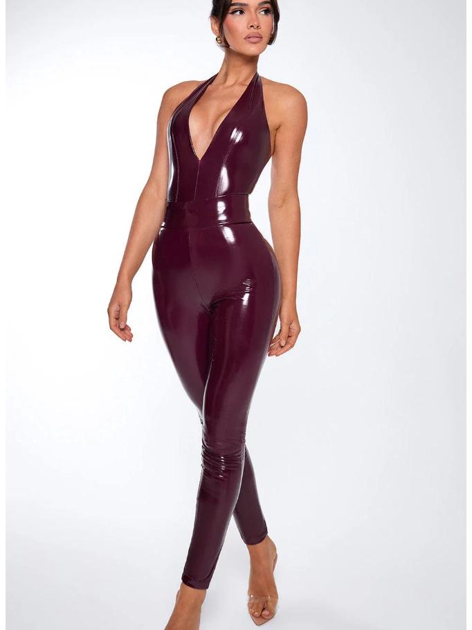 Ny Cross-Border Sexy Dyp V Halter Lær Bodycon Dame Jumpsuit