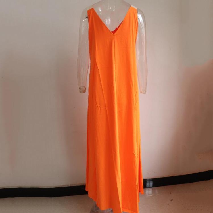 Bohemian Maxi Dress Orange V Neck 2025 Summer Large Size Suspender Style