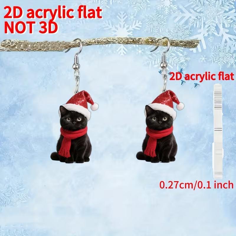 Cross-border new wear Christmas hat black cat earrings flat acrylic Christmas cartoon cute kitten earrings