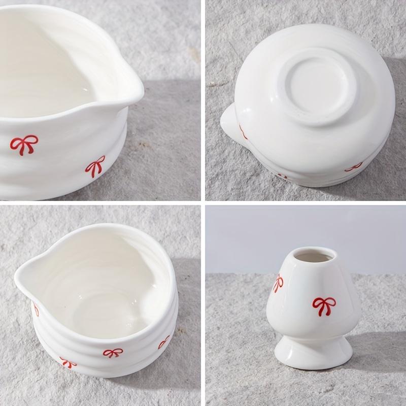 5 Pieces of White Bow Decal Ceramic Matcha Set, Matcha Set Includes Matcha Bowl, Matcha Mixer and Holder, Bamboo Spoon, Sieve