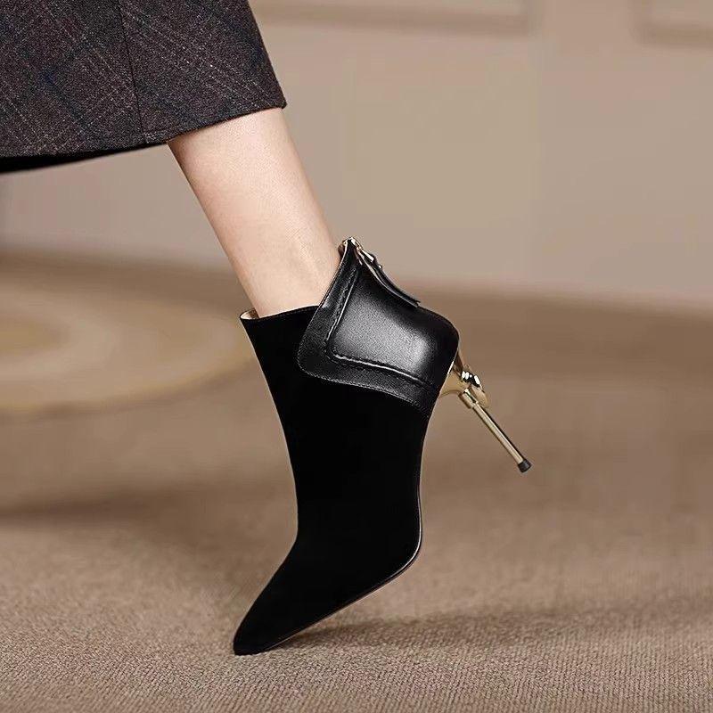Soft Leather Pointed Short Boots Women's Thin Heels 2025 Autumn and Winter New Temperament High Heel Short Women's Boots Frosted Leather Splicing B