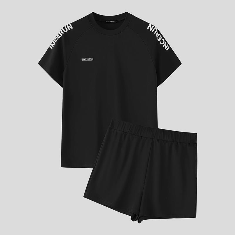 

INCERUN 2PCS Men Short Sleeve Shirts Short Pants Casual Fitted Sports Two Pieces Sets M чёрный