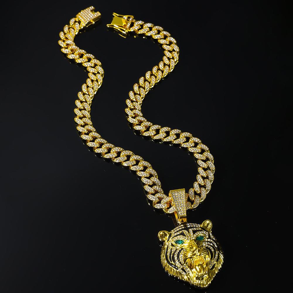 Men Hip Hop 3D Tiger Pendant Necklace with 13mm Crystal Cuban Chain Iced Out Bling Necklaces HipHop Women Fashion Charm Jewelry