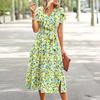 Women Summer Dress Flower Print A-line Loose Hem Patchwork Short Sleeves Irregular Short Sleeve Split Hem Lace Up High Waist Lady Midi Dress