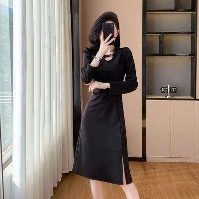 Solid Color Round Neck Hollow Women's Smocked Long Sleeve Fashionable Elegant Dress