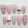 24 UNIDADES Pontas de Unha Francesa Rosa Doce Laço 3D Amêndoa Press on Unhas Postiças Listras Brancas Rendado Trepadeira Bolinhas Padrões Unhas Falsas