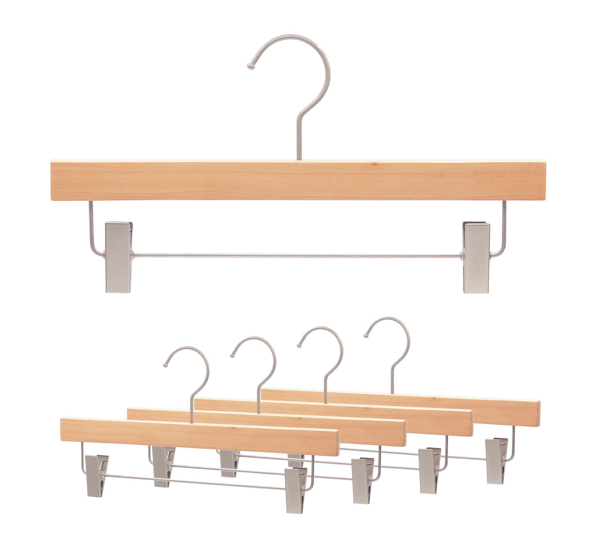 

Ninian and Kino Wooden Hangers for Pants and Set of Premium Matte Clear Natural Wood Clips for Trousers and Lotus Rotation Skirts, 5, Finish,