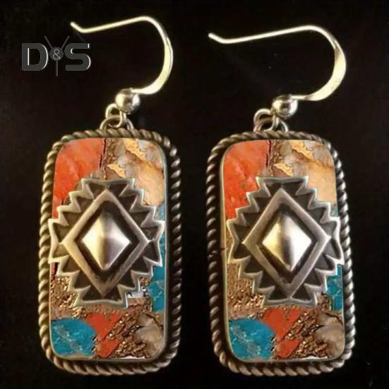 1 Pair Lady Bohemian Earrings Vintage Ethnic Style Dangle Earrings Faux Turquoise Oblong Shape Hook Earrings Prom Daily Travel Ear Jewelry