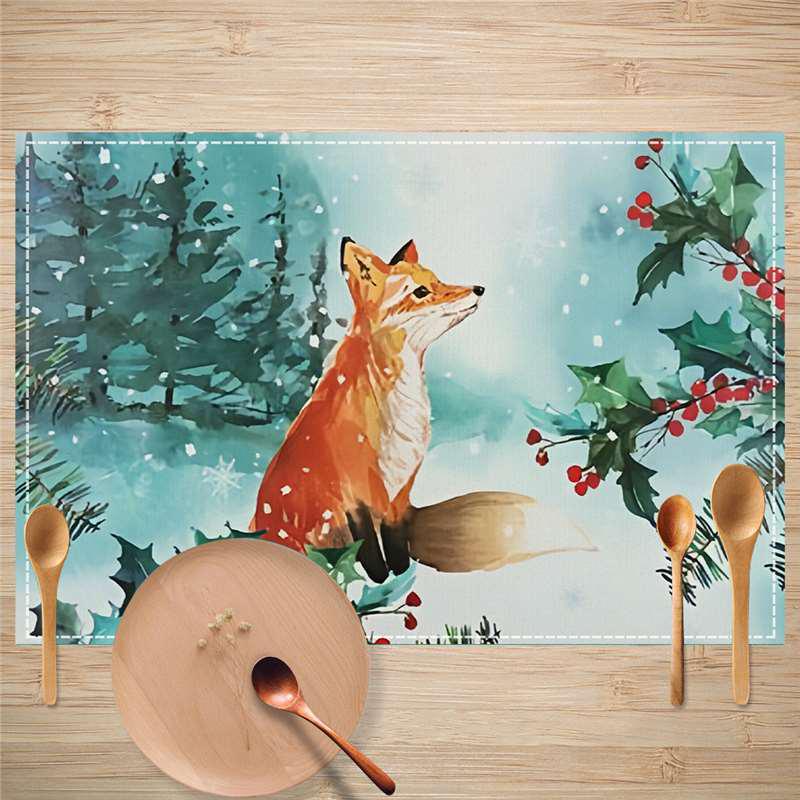 Fox Deer Print Christmas Table Mat - Linen Heat Insulation Pad for Festive Decor 30*45cm (Linen)