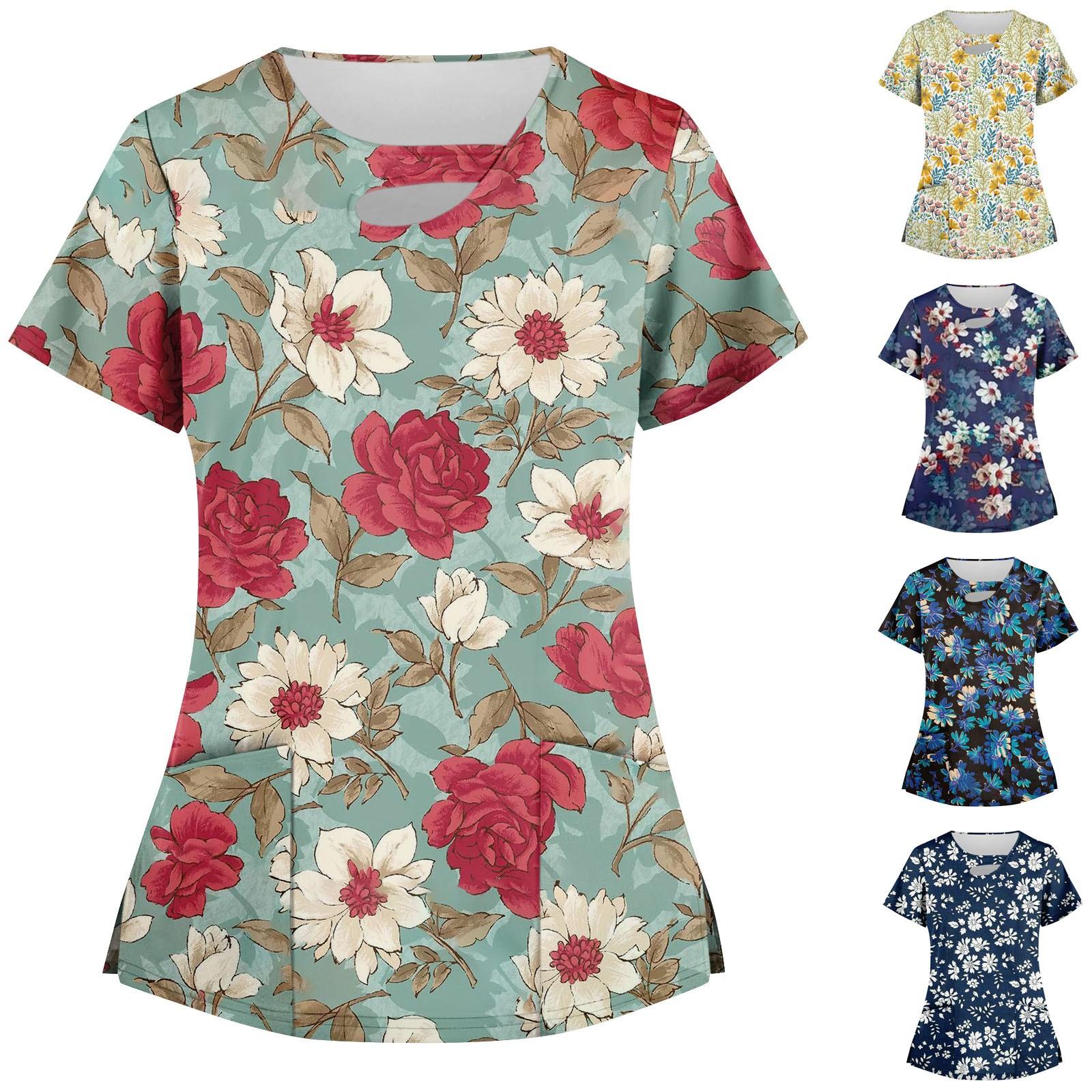 

Women s Top Stretchy Fashion Print Work With Pocket Short Sleeve T-shirt