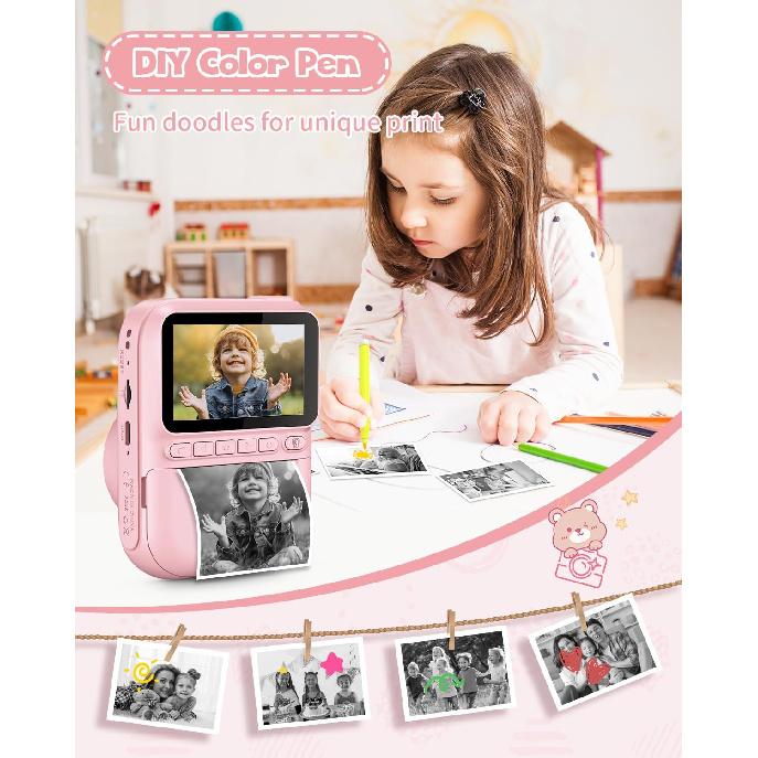 Kids Instant Print Camera, 3.0-inch HD Screen 32MP Photo Instant Digital Camera Christmas Birthday Gifts Toys for Children Girls Boys Age 3-12 - Pink