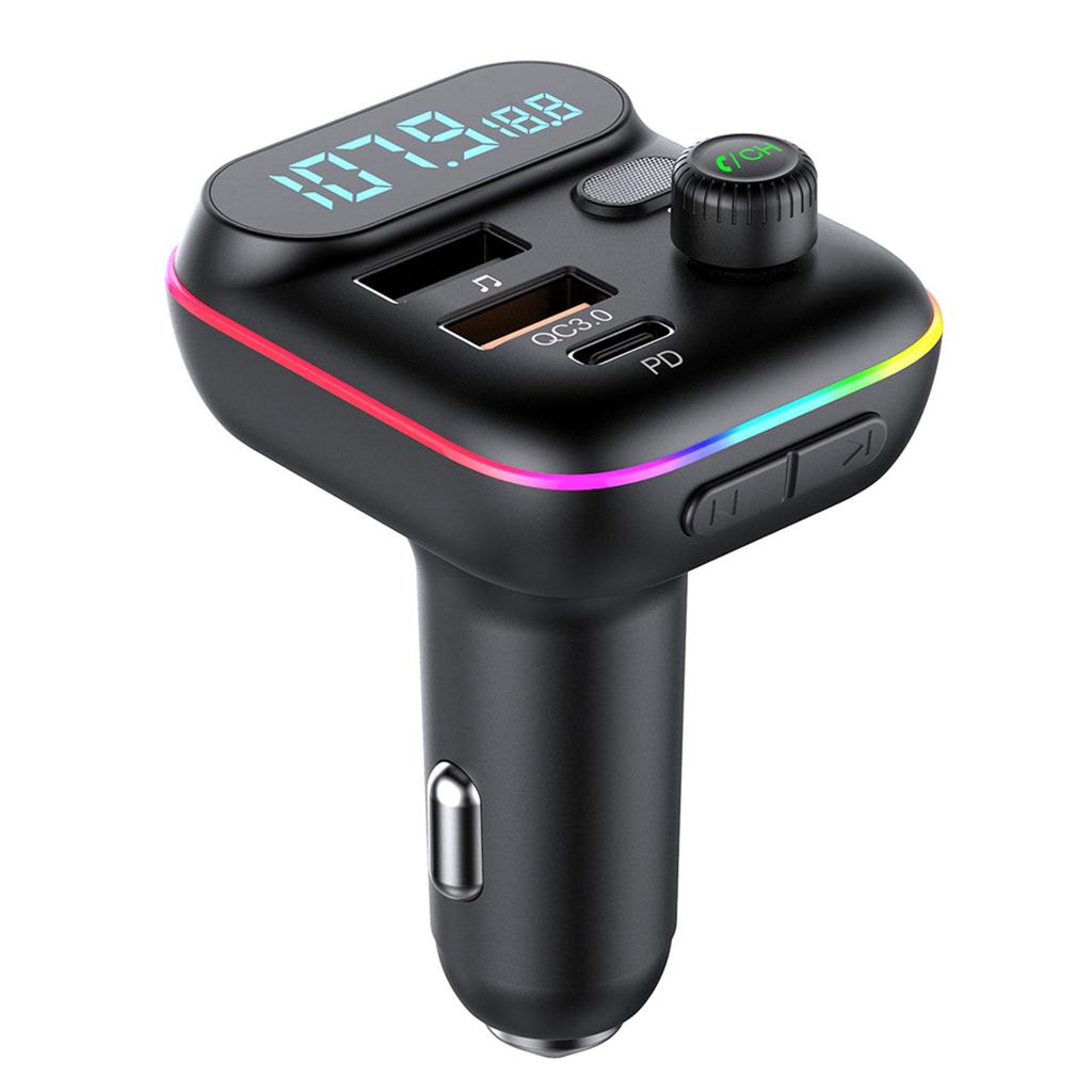 Carro PD 18W QC3.0 Carga Rápida Bluetooth 5.0 Transmissor FM Duplo Player Tipo-C Luz Ambiente Colorida MP3 Acendedor de Cigarros