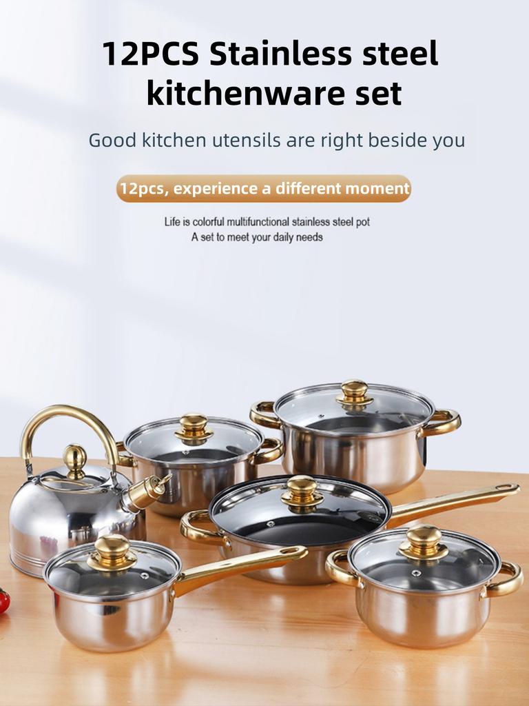 Thickened Stainless Steel Cookware Set, Twelve Piece Set, Soup Pot, Milk Pot, Frying Pan Combination Set